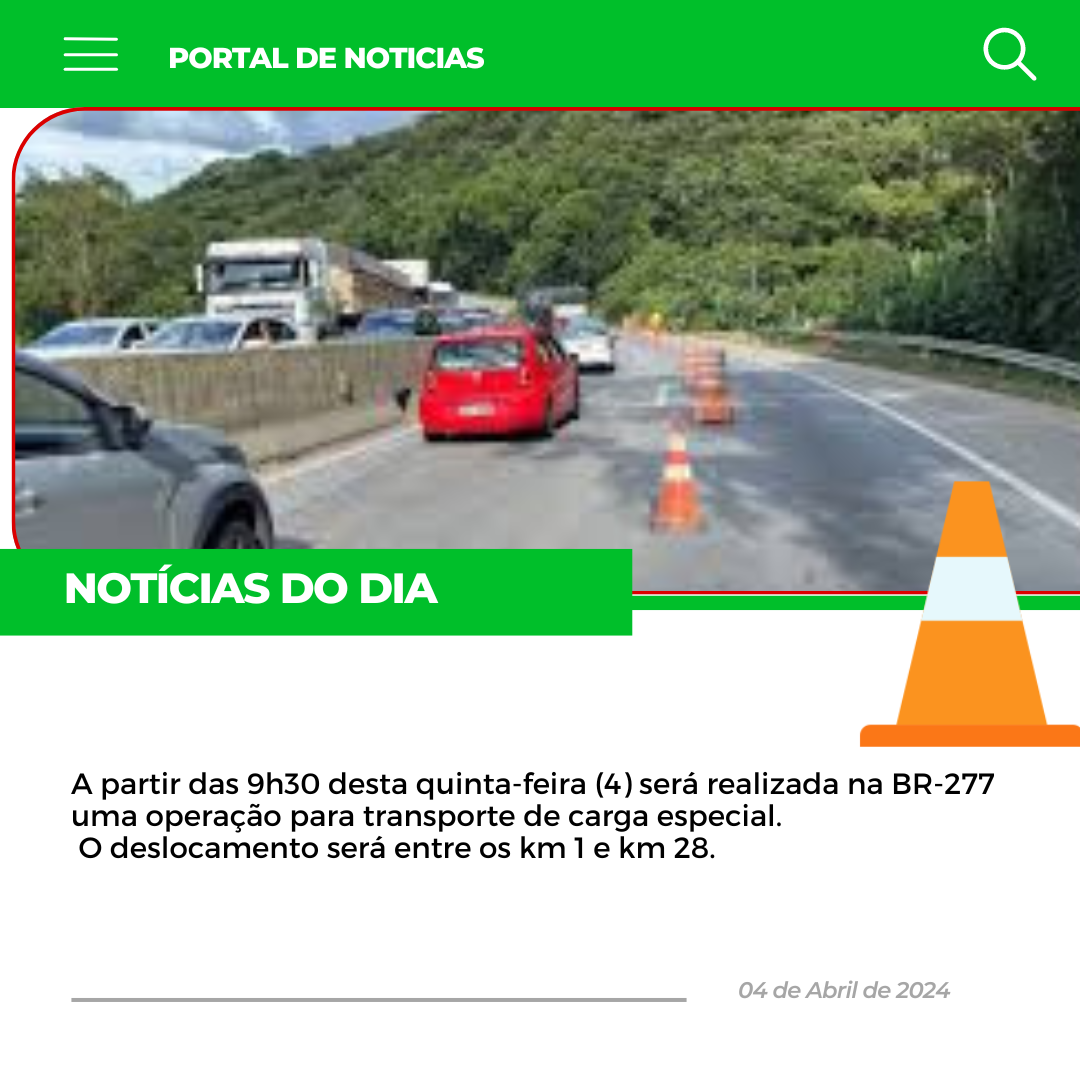 Carga especial pode deixar trânsito lento na BR-277 nesta manhã, no sentido Curitiba